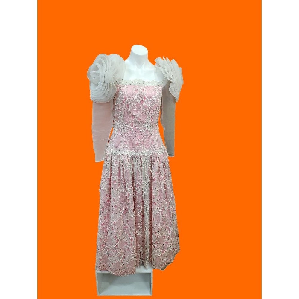 Vintage Pink BarbieCore Drop Waist Rose Taft Couture Gown by Elizabeth Arden